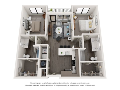 Floor plan for 2 beds, 2 baths, 1051 sqft